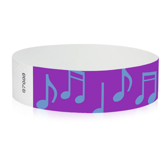 pantone purple tyvek wristband with neon blue music notes - round version shown