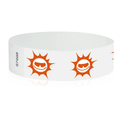 White tyvek wristband with neon orange sunface design - round version shown