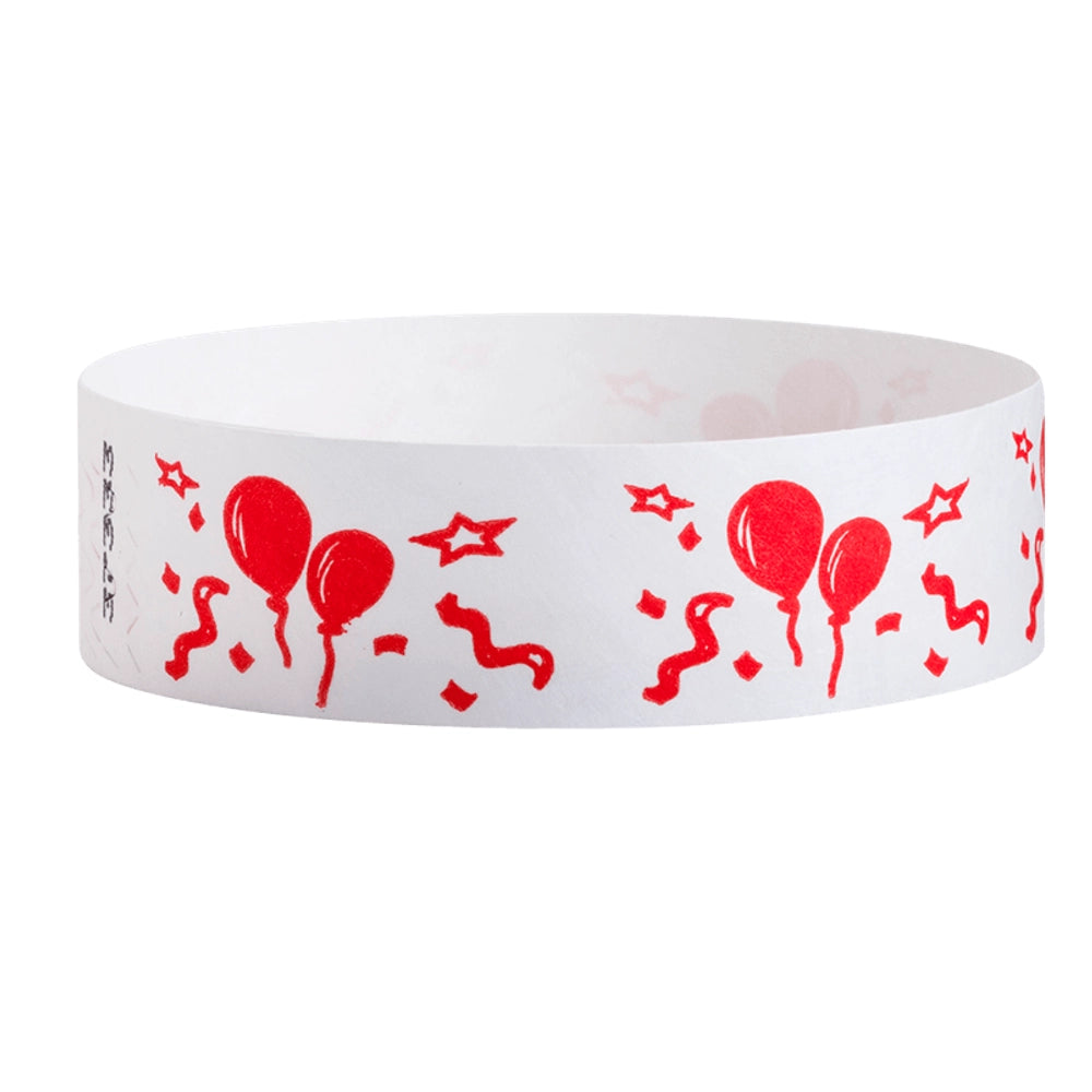 White tyvek wristband with red balloon and star pattern - Flat version shown