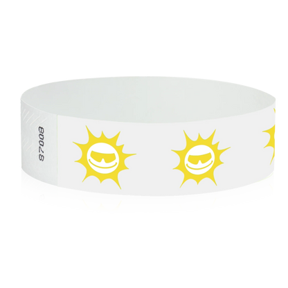 White tyvek wristband with pantone yellow sunface design - round version shown
