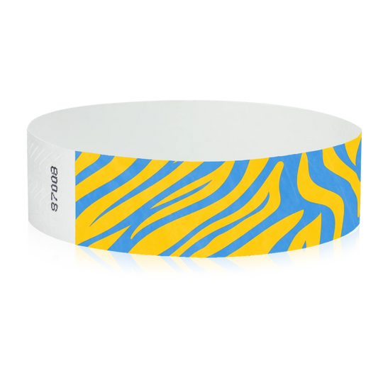 neon orange tyvek wristband with neon blue zebra pattern - Round version shown