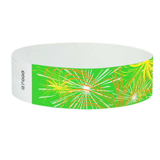 tyvek Wristband with fireworks design on a neon green background - round version shown