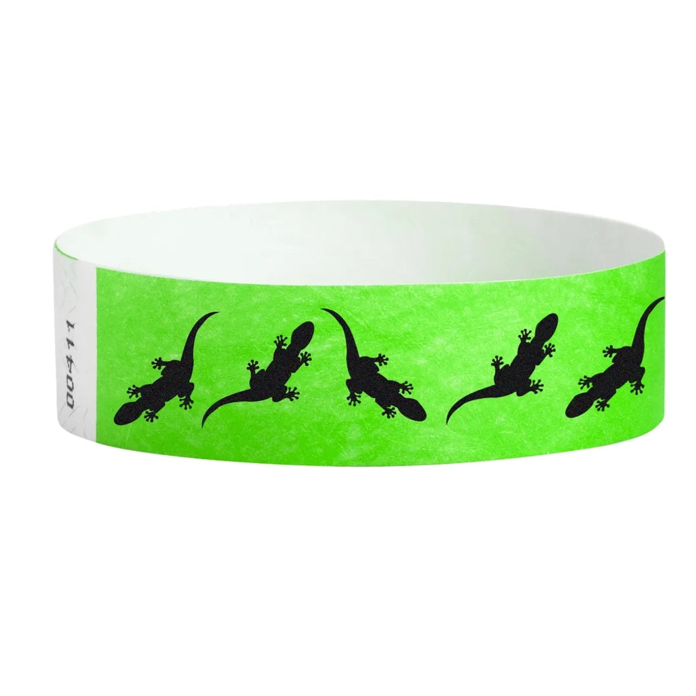 neon green tyvek 3/4" wristbands with black gecko pattern