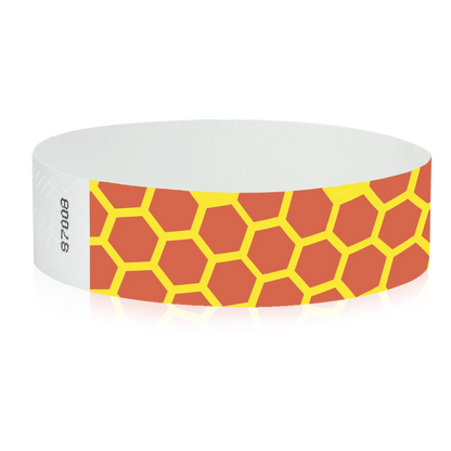 neon orange tyvek wristband with neon yellow honeycomb pattern - round version shown