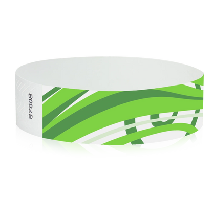White tyvek wristband with kelly green neon green pattern - round version shown