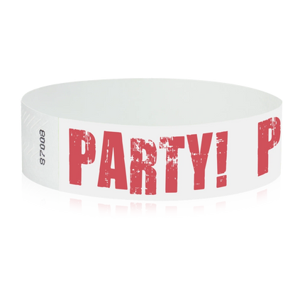 White tyvek wristband with neon red 'PARTY!' text - round version shown