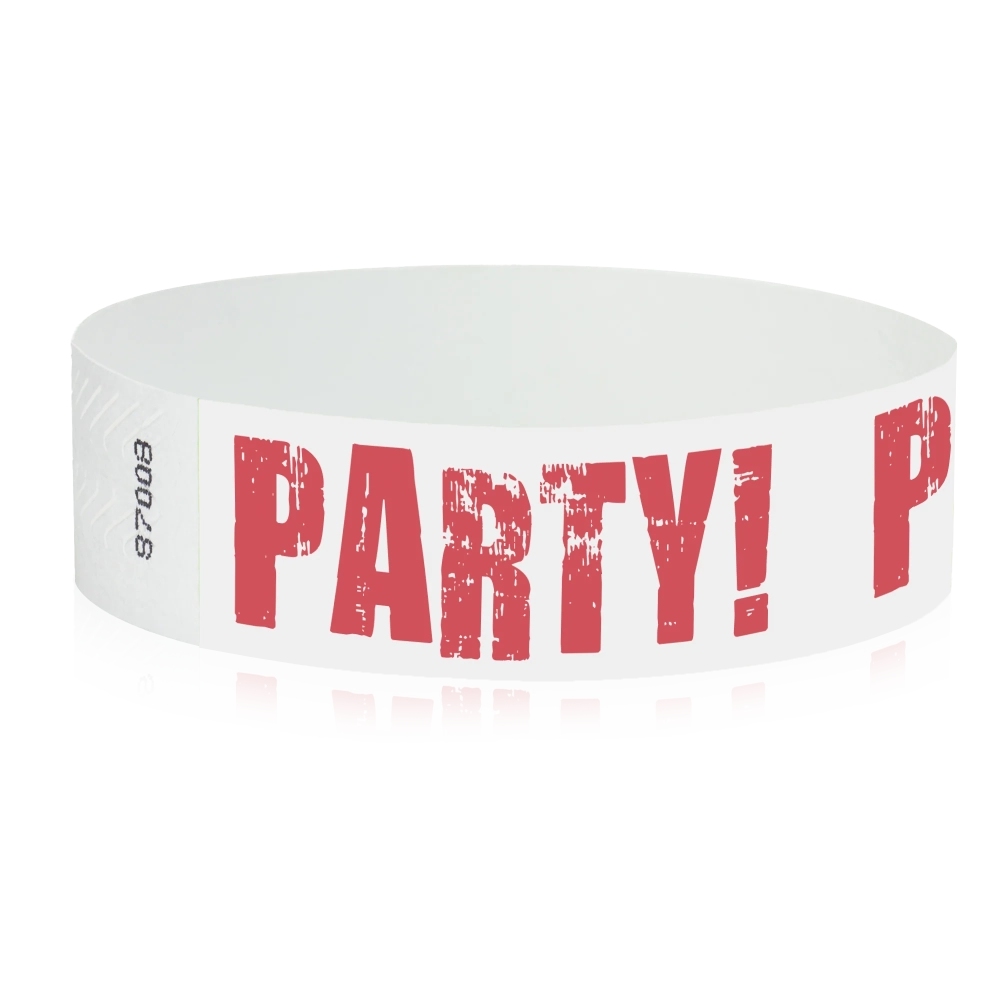 White tyvek wristband with neon red 'PARTY!' text - round version shown