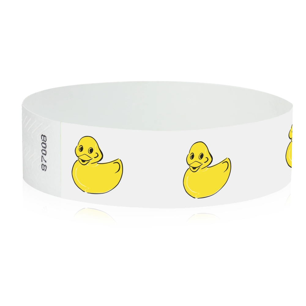 White tyvek wristband with yellow rubber duck illustrations - round version shown