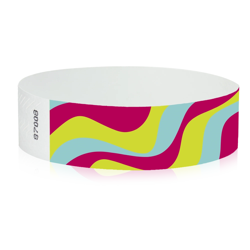 aqua, neon red, neon yellow wavy stripe pattern on a tyvek wristband - round version shown
