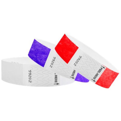 white, purple and neon red tab free tyvek wristbands