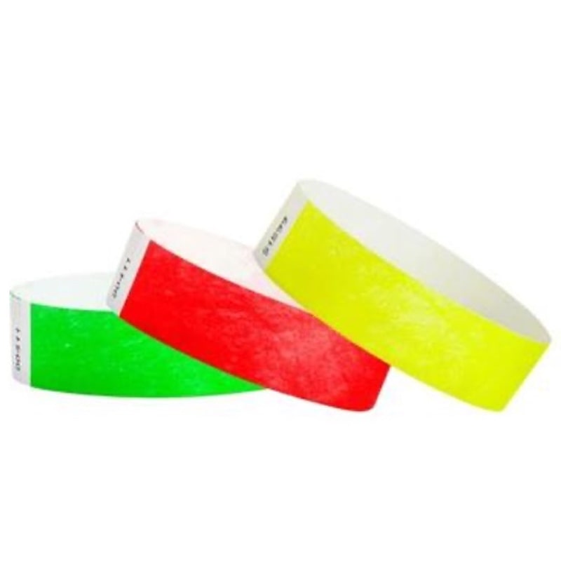a sample of neon green neon red and neon yellow solid colour tyvek 3/4" wristbands for customizing
