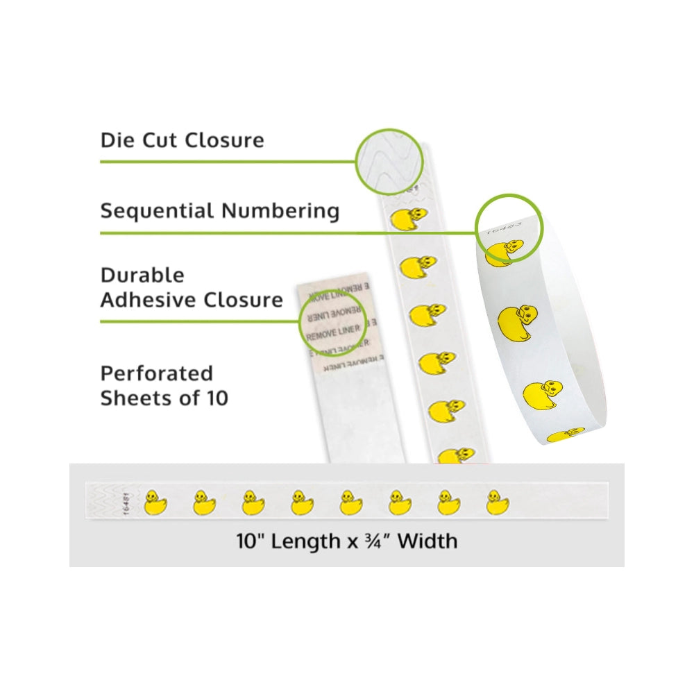 rubber duckies  tyvek wristband detail product page showing the die cut adhesive closure, sequential numbering, perforated sheets of 10 and the dimensions.