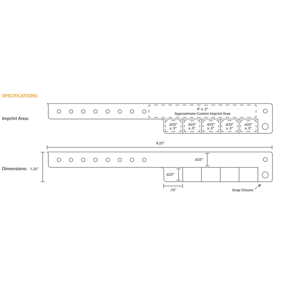 Template for 5 tab vinyl wristband showing where to customize and other specifications 
