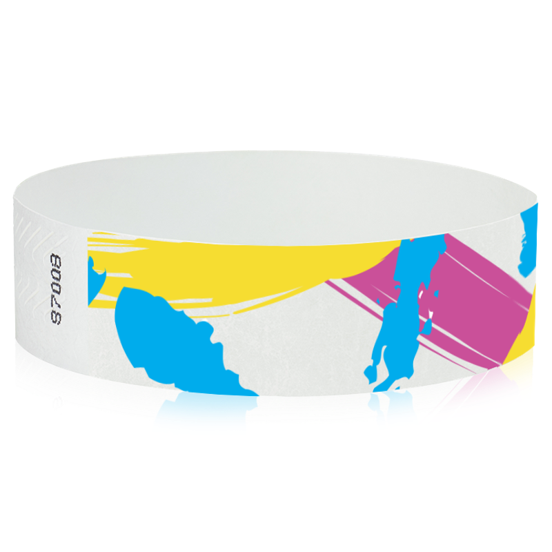 White wristband with colourful abstract designs on a white background