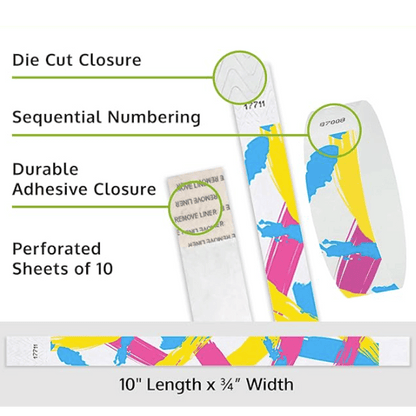 Colourful 90's paintstroke tyvek wristbands showing the die cut closure, sequential numbering, and durable adhesive features 