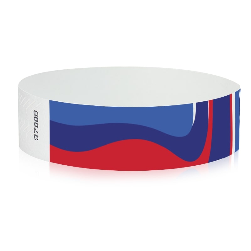 abstract pattern on a white wristband with neon red, neon blue and marine blue - round version shown
