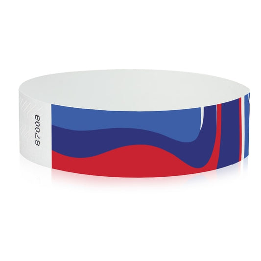 abstract pattern on a white wristband with neon red, neon blue and marine blue - round version shown