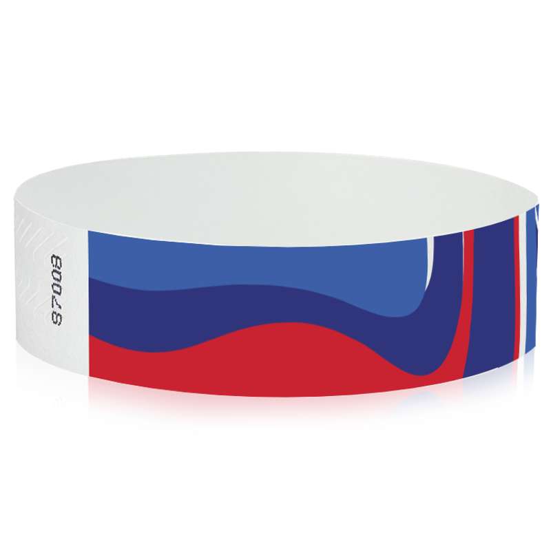 Wristband with blue and red design on a white background