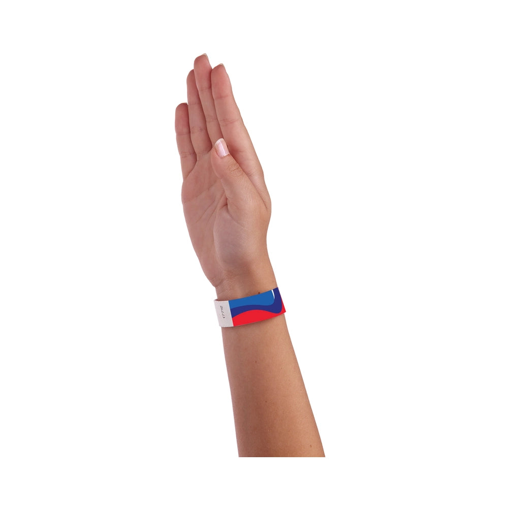 Wrist showing an abstract tyvek wristband