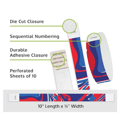 Colourful abstract tyvek wristbands showing the die cut closure, sequential numbering, and durable adhesive features 