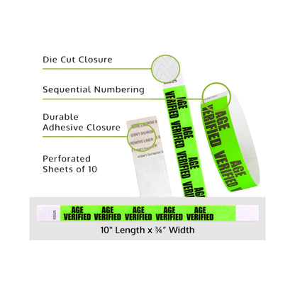 neon green tyvek wristband with age verified text shown with detail specs, die cut closure, numbering and perforated sheets of 10