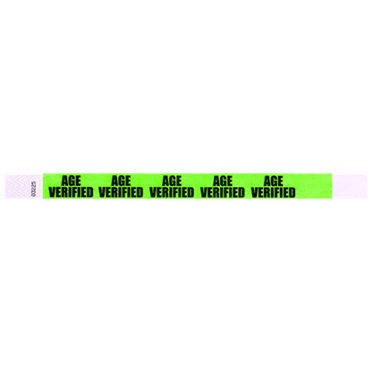 neon green tyvek wristband with age verified text repeated across the band