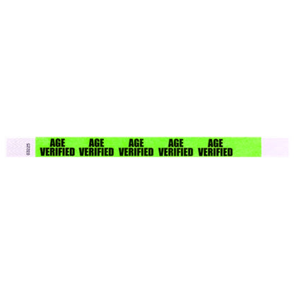 Neon Green tyvek wristband with 'AGE VERIFIED' text in black ink - flat version shown