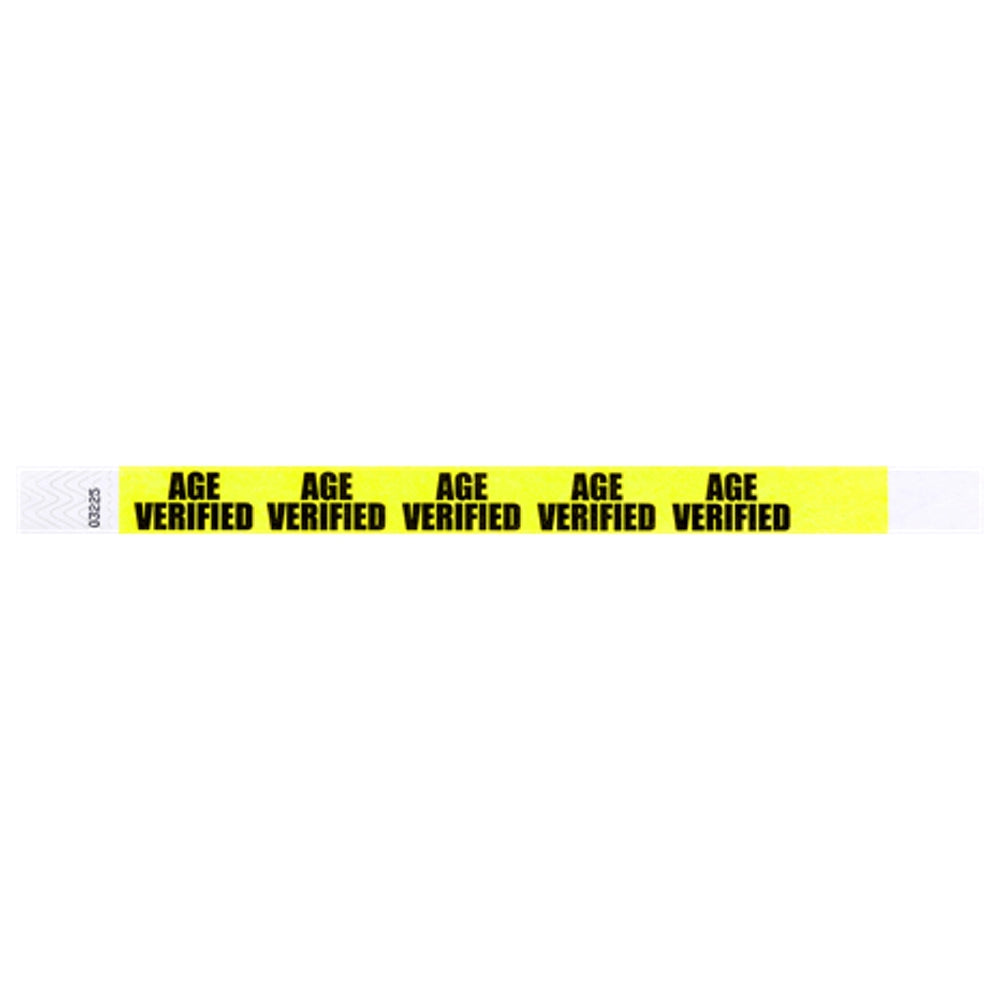 neon yellow tyvek wristband with age verified text repeated across the band