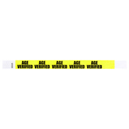 neon yellow tyvek wristband with age verified text repeated across the band