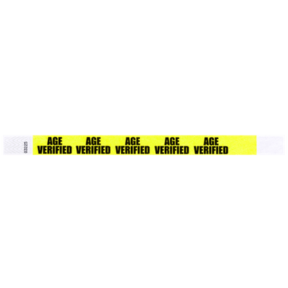neon yellow tyvek wristband with age verified text repeated across the band