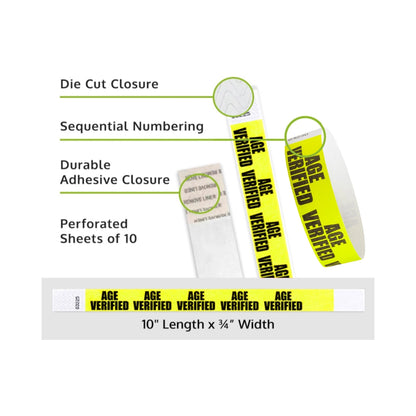 Yellow 'AGE VERIFIED' wristbands with packaging and features listed on a white background.