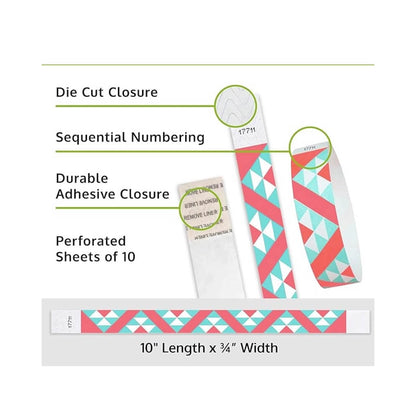 Product packaging  and text detailing features like die cut closure, sequential numbering, and perforated sheets. Aztec pattern shown on a tyvek wristband