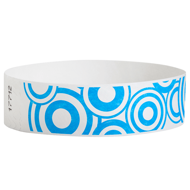 White wristband with blue circular pattern on a white background