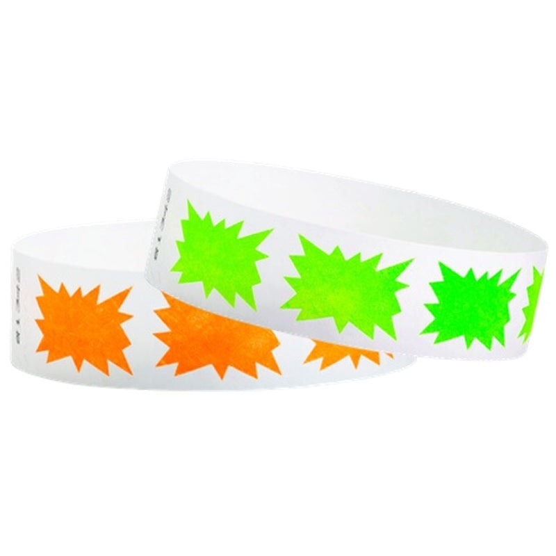 tyvek wristbands with a burst pattern shown in neon green and neon orange