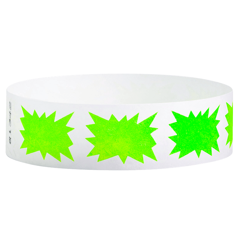 White wristband with green starburst patterns on a white background