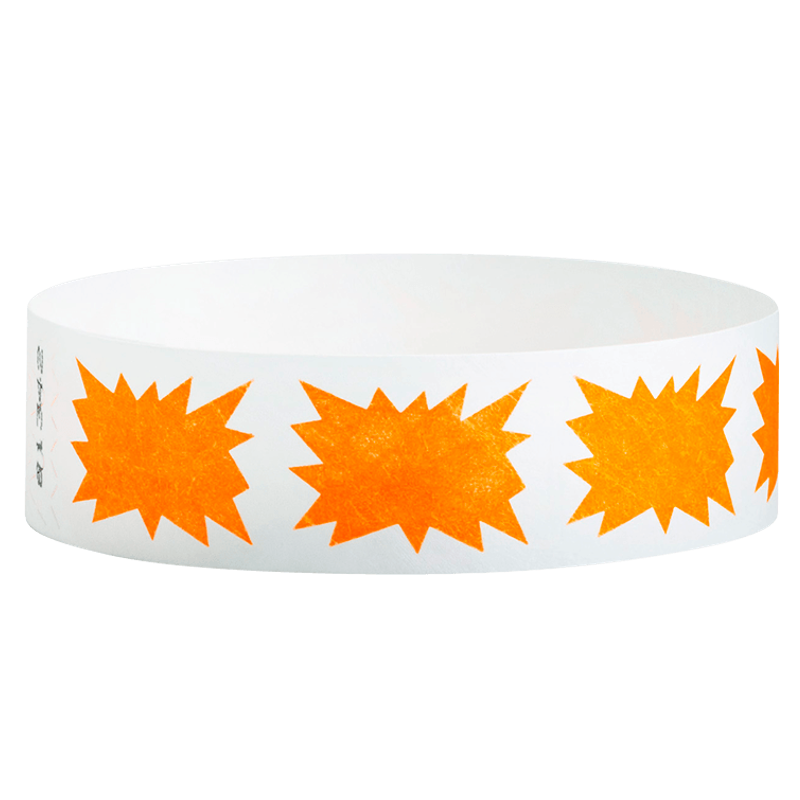 White wristband with orange starburst patterns on a white background