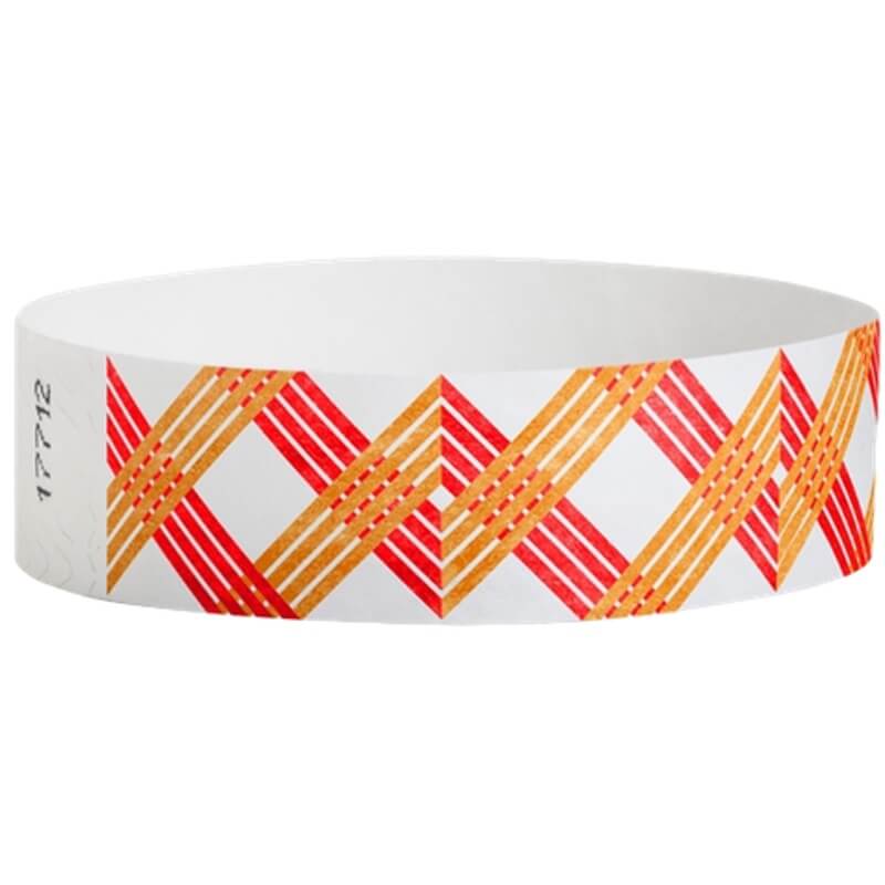 White wristband with neon red and neon orange xxx pattern - round version shown