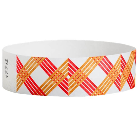White wristband with neon red and neon orange xxx pattern - round version shown