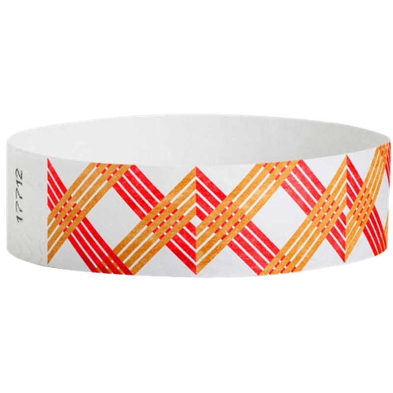 White wristband with red and orange geometric pattern on a white background