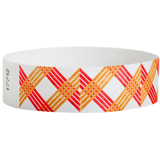 White wristband with neon red and neon orange xxx pattern - round version shown