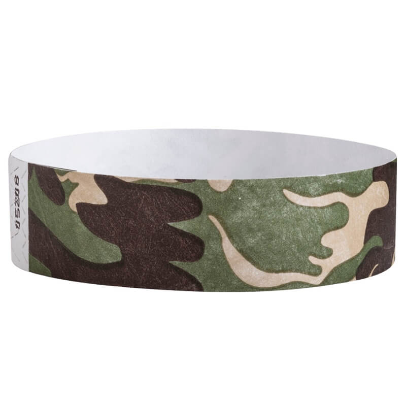 Camouflage-patterned tyvek wristband in army colours - round version shown