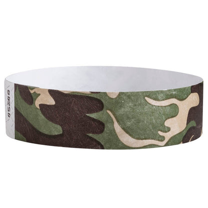 Camouflage-patterned tyvek wristband in army colours - round version shown