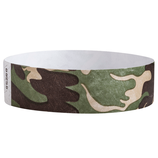 Camouflage-patterned tyvek wristband in army colours - round version shown
