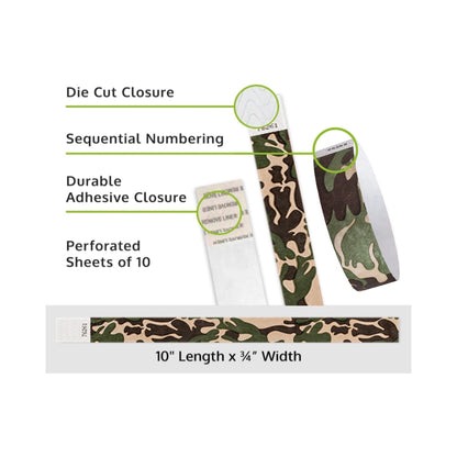 Camoflauge tyvek wristband detail product page showing the die cut adhesive closure, sequential numbering, perforated sheets of 10 and the dimensions.