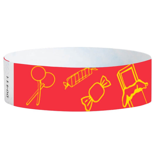 neon Red tyvek wristband with yellow candy illustrations - round version shown