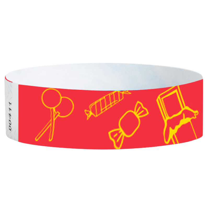 Red wristband with yellow candy illustrations on a white background