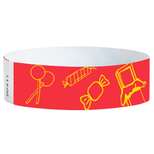 neon Red tyvek wristband with yellow candy illustrations - round version shown