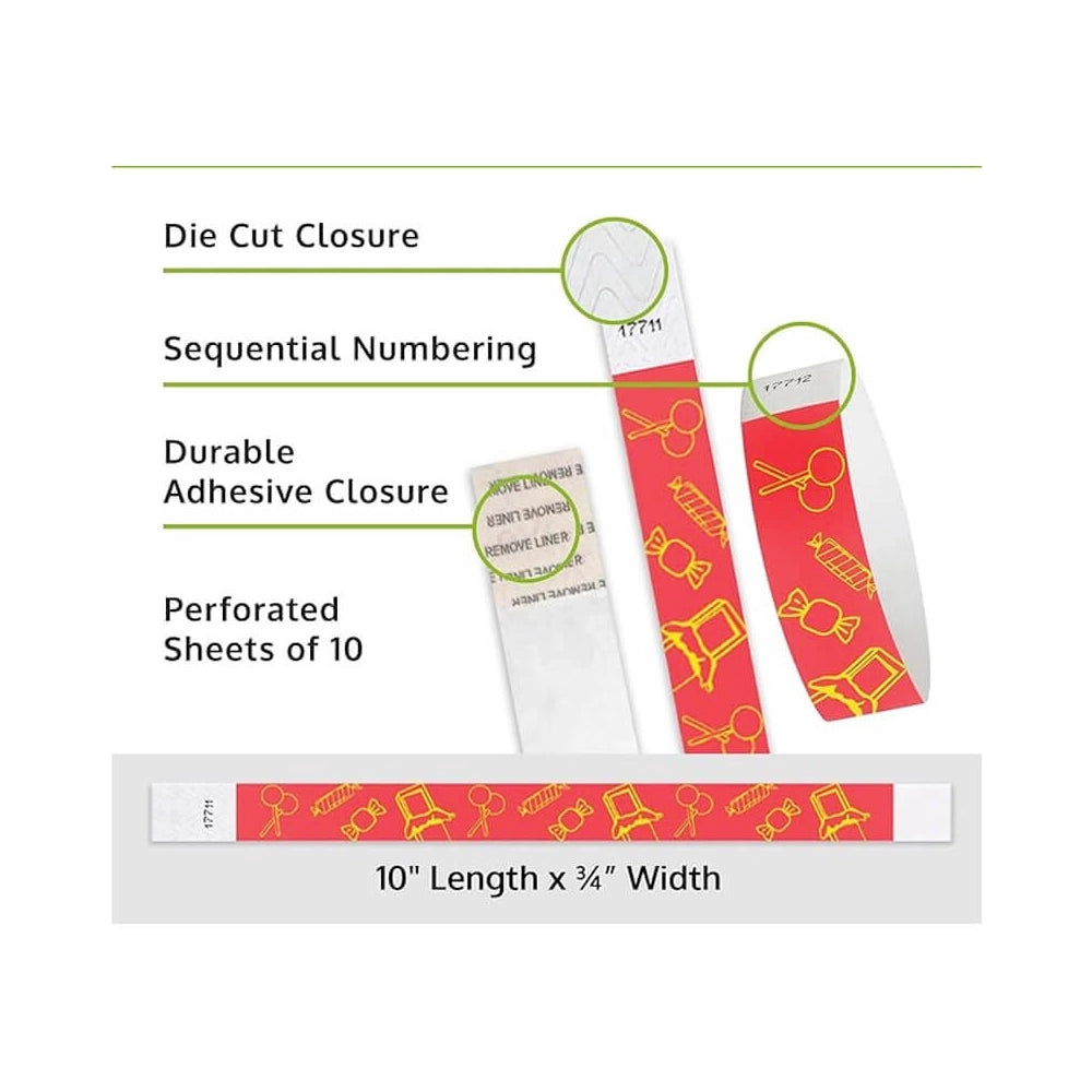 candy tyvek wristband detail product page showing the die cut adhesive closure, sequential numbering, perforated sheets of 10 and the dimensions.