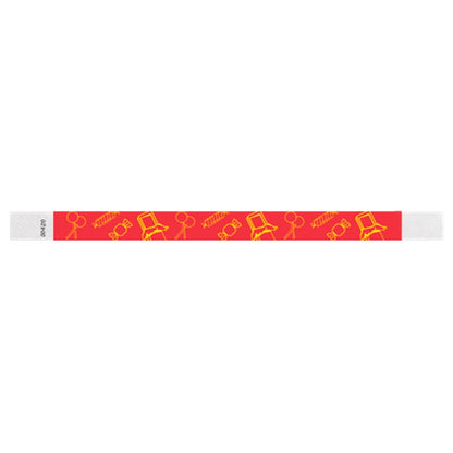 neon Red tyvek wristband with yellow candy illustrations - flat version shown