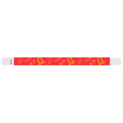 neon Red tyvek wristband with yellow candy illustrations - flat version shown